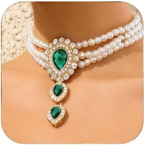 Pearl Choker Necklace for Women Green Crystal Pendant Necklace Layered Pearl Bridal Costume Jewelry Accessories in Saudi Arabia