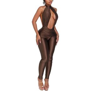 Women's Sexy Bodycon Jumpsuits Halter Sleeveless Backless Cutout Trendy Party Clubwear Elegant Long Romper in Saudi Arabia
