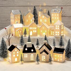 Zubebe 30 Pcs Winter Christmas Village Sets LED Christmas Village Houses Holiday Figurines Porcelain Xmas Collection Buildings Xmas Town Scene Indoor Room Decor (Multicolor,Diverse Styles) in Saudi Arabia