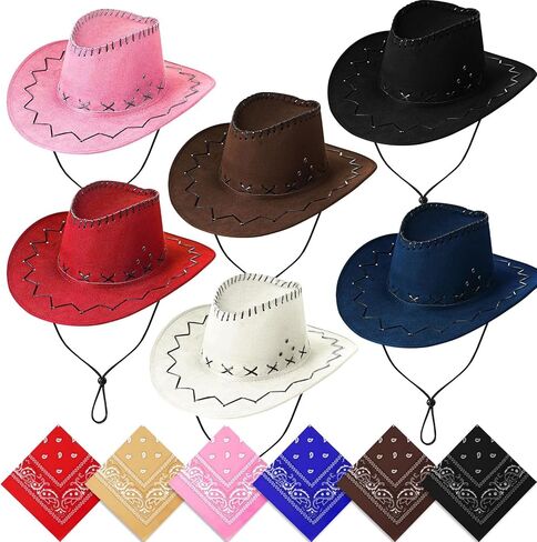 6 Pack Cowboy Hats and Bandanas Set, Halloween Cowgirl Hat, Felt Cowboy Hat Western Costume for Men Woman Hen Party Stage in Kuwait