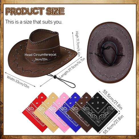 6 Pack Cowboy Hats and Bandanas Set, Halloween Cowgirl Hat, Felt Cowboy Hat Western Costume for Men Woman Hen Party Stage in Kuwait