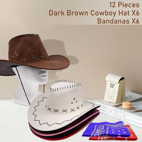 6 Pack Cowboy Hats and Bandanas Set, Halloween Cowgirl Hat, Felt Cowboy Hat Western Costume for Men Woman Hen Party Stage in Kuwait