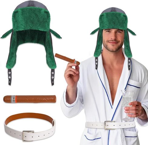 3 Pcs Christmas Costumes Hat, Green Trapper Hat with Ear Flap White Robe Belt for Funny Costume Accessory Party in Kuwait