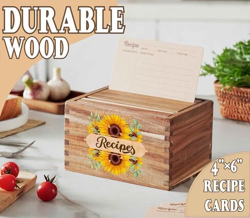 InnoBeta Sunflower Gifts Recipe Box, Recipe Card Holder Box with 50 4x6 inch Recipe Cards, 10 Dividers, Recipe Organizer for Sunflower Lovers in Saudi Arabia