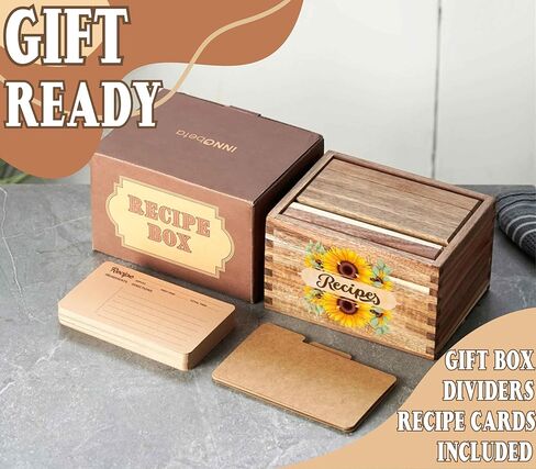 InnoBeta Sunflower Gifts Recipe Box, Recipe Card Holder Box with 50 4x6 inch Recipe Cards, 10 Dividers, Recipe Organizer for Sunflower Lovers in Saudi Arabia