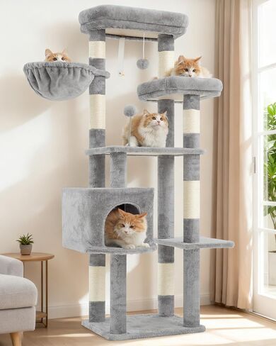 Cat Tree, Cat Tower for Large Cats with 2 Big Platforms, 2 Baskets, condo and Toys, 63" Cat Scratching Posts for Indoor Cats, Smoky Gray GCT020G in Kuwait