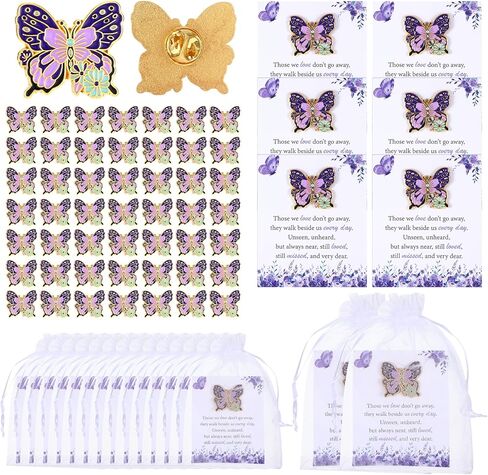 Funeral Favors for Guests,Celebration of Life Decorations,Purple Butterfly Pins Brooch with Cards & Bags in Saudi Arabia