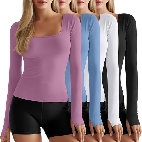 4 Pack Women's Compression Shirts Long Sleeve Workout Yoga Tops Square Neck Athletic Thumb Holes Tight Tees in Saudi Arabia