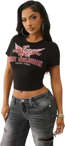 True Religion Women’s Wing Crystal Baby Tee – Cropped Cotton Blend Top, Short Sleeve, Crystal Logo | Crew Neck in Saudi Arabia