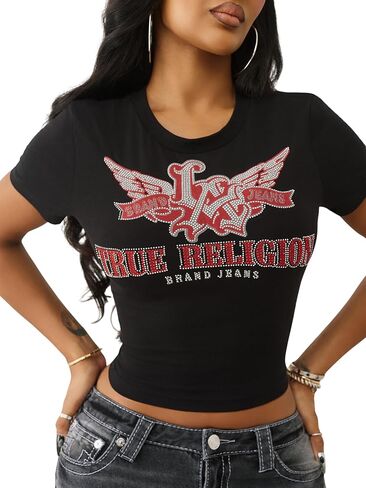 True Religion Women’s Wing Crystal Baby Tee – Cropped Cotton Blend Top, Short Sleeve, Crystal Logo | Crew Neck in Saudi Arabia