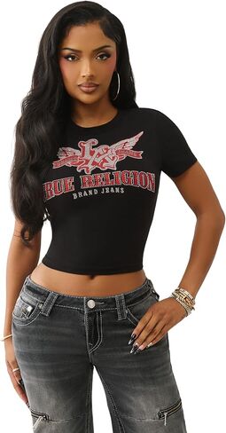 True Religion Women’s Wing Crystal Baby Tee – Cropped Cotton Blend Top, Short Sleeve, Crystal Logo | Crew Neck in Saudi Arabia