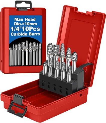 10 Pcs Carbide Burr Set 1/4 Shank w/Beech Holder and Case Die Grinder Grinding Drill Bits for Metal Wood Stone Weld Deburring Rotary Tool Attachment Accessories Rasp Compatible with Milwaukee DeWALT in Kuwait