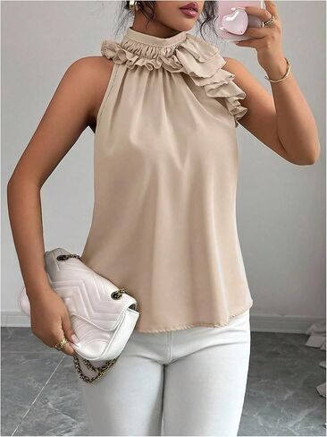 SOLY HUX Women's Elegant Blouse Ruffle Trim Sleeveless Mock Neck Halter Tank Top Office Outfit in Saudi Arabia