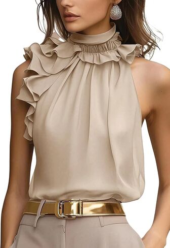 SOLY HUX Women's Elegant Blouse Ruffle Trim Sleeveless Mock Neck Halter Tank Top Office Outfit in Saudi Arabia