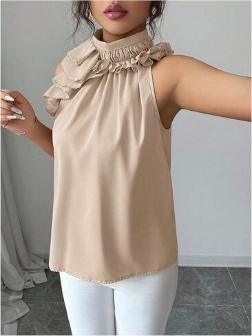 SOLY HUX Women's Elegant Blouse Ruffle Trim Sleeveless Mock Neck Halter Tank Top Office Outfit in Saudi Arabia