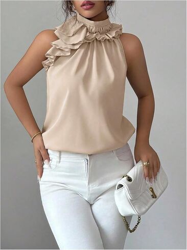 SOLY HUX Women's Elegant Blouse Ruffle Trim Sleeveless Mock Neck Halter Tank Top Office Outfit in Saudi Arabia