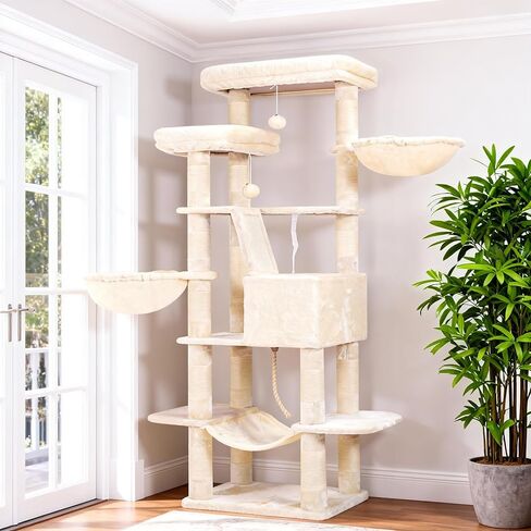 Heybly Cat Tree,68 inch Multi-Level Cat Tower for Indoor Cats,2 Widened Plush Perches Cat Condo with Scracthing Board and Big Caves,Smoky Gray HCT025G in Kuwait