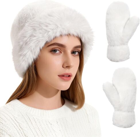 3 قطع فو الفراء دلو قبعة مجموعة النساء، الشتاء رقيق صياد أفخم القبعات الدافئة أكثر دفئا قبعة دلو شيربا مبطنة القفازات القفازات in Kuwait