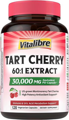 Tart Cherry Capsules, 500 mg Extract, Concentrated 60:1 Extract, 30000 mg Strength, Montmorency Tart Cherries, Uric Acid Balance, Muscle, Sleep Support, Non-GMO, 60 Vegan Capsules in Saudi Arabia