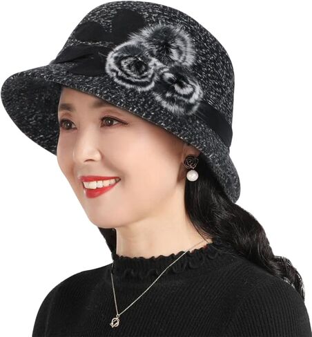 Winter Women Felt Bucket Hat with Faux Fur Ball 1920s Vintage Elegant Cloche Hat Church Hat Bowler Hat with Flower in Saudi Arabia