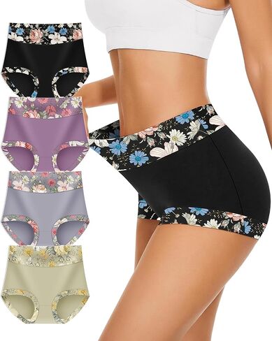 Women's High Waisted Milk Silk Printed Triangular Briefs, Soft and Comfy Panties for Autumn and Winter 4 - Pack in Saudi Arabia