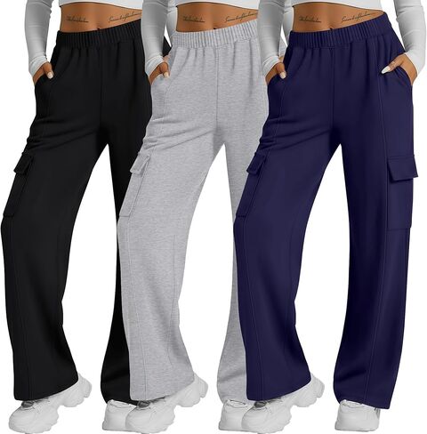 Neer 3 Pack Womens Pants with Cargo Pockets Casual High Waisted Baggy Wide Straight Leg Sweatpants Lounge Joggers Trousers in Saudi Arabia