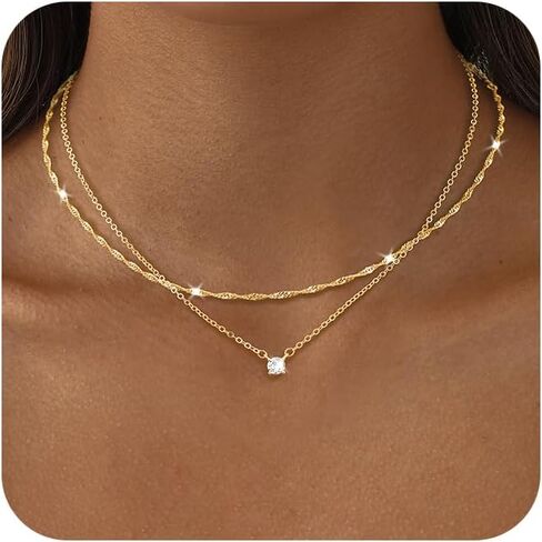 Dainty 14K Gold Plated/Silver Cubic Zirconia Diamond Necklaces for Women,Simple CZ Layered Gold Silver Necklaces Stack Trendy Jewelry Gifts in Saudi Arabia