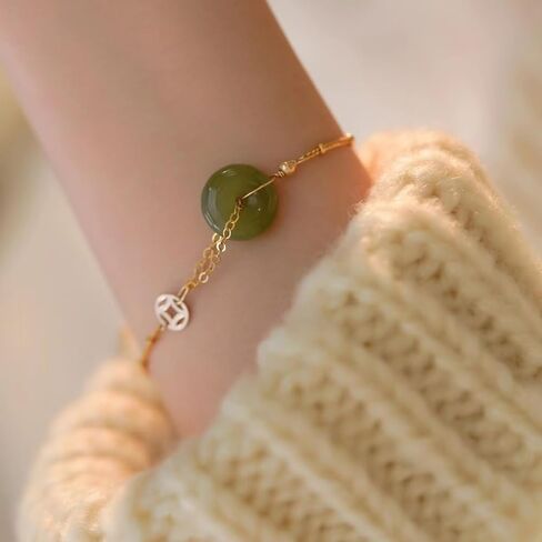14k Gold Hetian Jade Peace Buckle Bracelet - Feng Shui Harmony Buckle, Lucky Jade Bracelet for Ladies, Dark Green in Kuwait