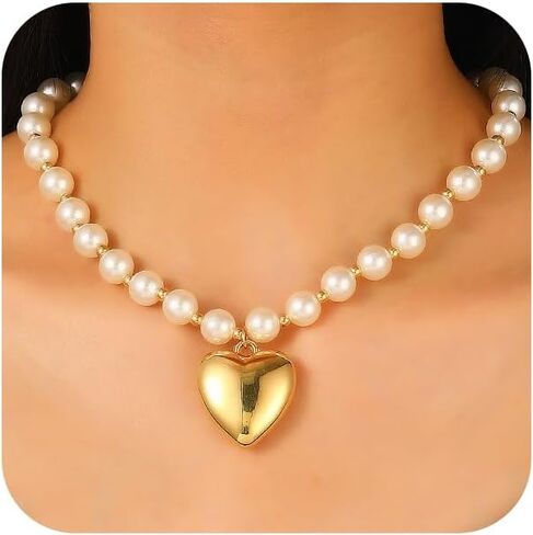 Dainty Beaded Pearl Choker Y2k Heart Pendant Necklace for Women, Chunky Round Pearls Chain Charm Puffy Love Shaped Trendy Aesthetic Prom Jewelry Gift in Saudi Arabia