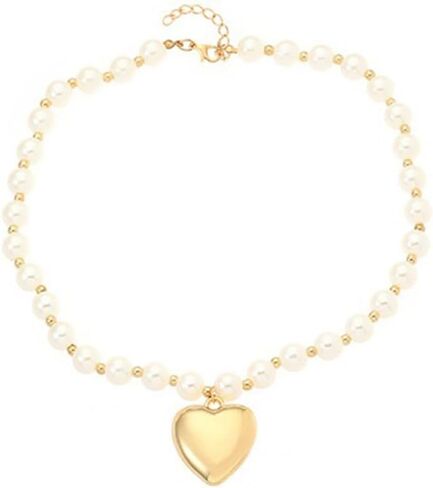 Dainty Beaded Pearl Choker Y2k Heart Pendant Necklace for Women, Chunky Round Pearls Chain Charm Puffy Love Shaped Trendy Aesthetic Prom Jewelry Gift in Saudi Arabia