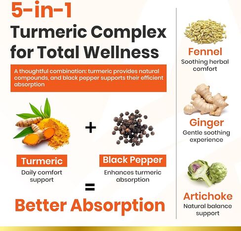 مكمل الكركم - تركيبة عشبية معقدة مع الزنجبيل والخرشوف والشمر والفلفل الأسود، 120 كبسولة in Kuwait