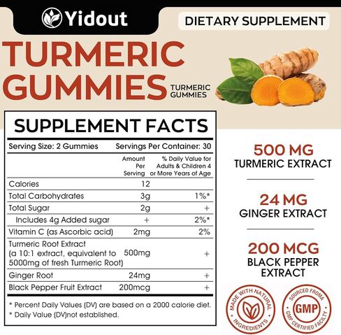 Turmeric Curcumin Gummies, Gummy with 500mg Turmeric Curcumin and Ginger with Black Pepper Extract for High Absorption,Mango Flavor (60 Count（Pack of 1）) in Saudi Arabia