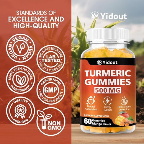 Turmeric Curcumin Gummies, Gummy with 500mg Turmeric Curcumin and Ginger with Black Pepper Extract for High Absorption,Mango Flavor (60 Count（Pack of 1）) in Saudi Arabia