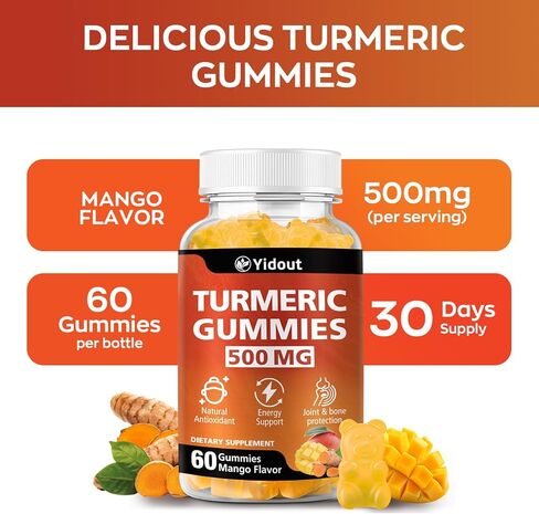Turmeric Curcumin Gummies, Gummy with 500mg Turmeric Curcumin and Ginger with Black Pepper Extract for High Absorption,Mango Flavor (60 Count（Pack of 1）) in Saudi Arabia
