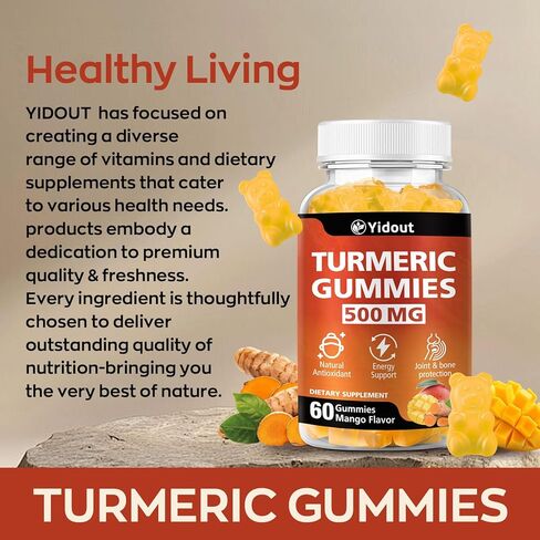 Turmeric Curcumin Gummies, Gummy with 500mg Turmeric Curcumin and Ginger with Black Pepper Extract for High Absorption,Mango Flavor (60 Count（Pack of 1）) in Saudi Arabia