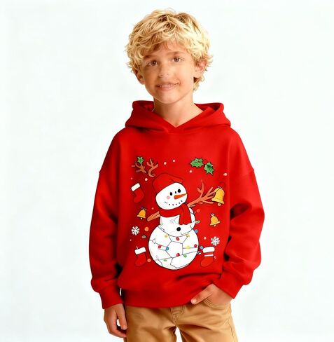 Christmas Hoodie, Red Kids Snowman Soccer Festive Holiday Pullover Sweatshirt for Boys and Girls, Winter Outfits in Saudi Arabia