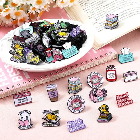 Landical 60 Pcs Book Enamel Pins for Backpacks Christmas Bookish Book Lovers Club Gifts Bulk Cute Bookworm Lapel Pins Frog Dinosaur Duck Badge Brooch for Hats Bags Lanyards Clothing in Saudi Arabia