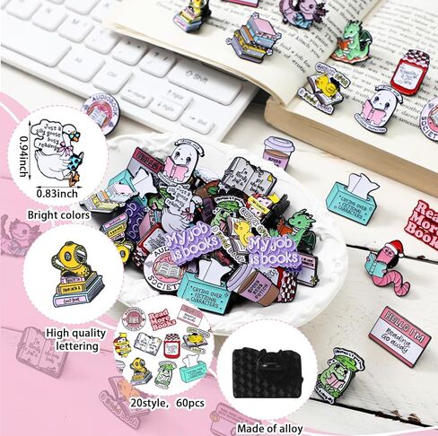 Landical 60 Pcs Book Enamel Pins for Backpacks Christmas Bookish Book Lovers Club Gifts Bulk Cute Bookworm Lapel Pins Frog Dinosaur Duck Badge Brooch for Hats Bags Lanyards Clothing in Saudi Arabia