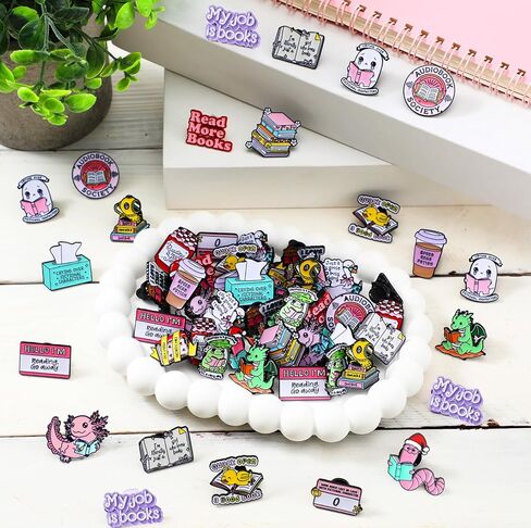 Landical 60 Pcs Book Enamel Pins for Backpacks Christmas Bookish Book Lovers Club Gifts Bulk Cute Bookworm Lapel Pins Frog Dinosaur Duck Badge Brooch for Hats Bags Lanyards Clothing in Saudi Arabia