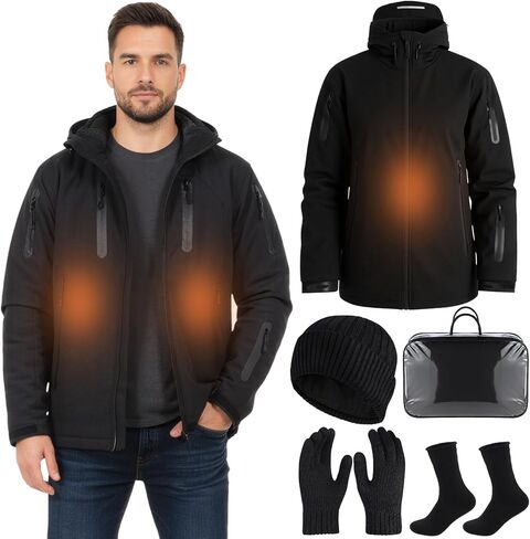 5 Pcs XXL Men Heated Jacket Set with Gloves Hat Socks and Carrying Bag Electric Heating Outerwear Heating Clothing Thermal Vest for Outdoor Sport Hunting Skiing Cold Weather(Battery Not Included) in Saudi Arabia