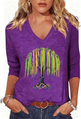 Mardi Gras Shirt for Women It's Mardi Gras Yall Shirts Funny Carnival Outfit 3/4 Sleeve New Orleans Party V Neck Tee Tops in Saudi Arabia