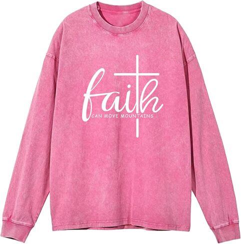 Christian Shirts for Women Faith Can Move Mountains Acid Wash Shirt Jesus Religious Bible Verse Long Sleeve Top in Saudi Arabia