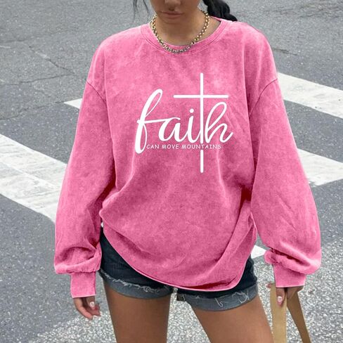 Christian Shirts for Women Faith Can Move Mountains Acid Wash Shirt Jesus Religious Bible Verse Long Sleeve Top in Saudi Arabia