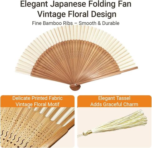مروحة قابلة للطي للنساء أنيقة من الخيزران الياباني محمولة باليد مع أكمام من القماش وشرابة بتصميم زهور عتيقة للهدايا وحفلات الزفاف والاستخدام اليومي in Kuwait