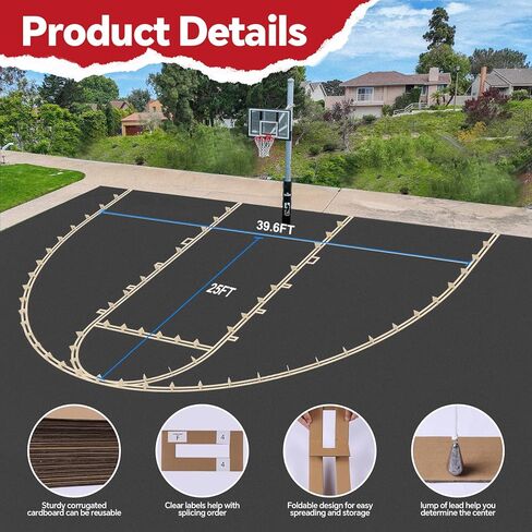 Reusable Basketball Court Marking Kit Foldable Design Basketball Court Stencil Kit for Concrete, Asphalt, Tiles, Driveway or Backyard - No Paint Included in Saudi Arabia