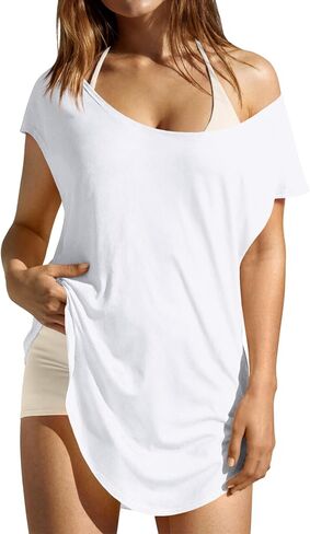 Fisoew Womens Oversized Off Shoulder Shirts Casual Scoop Neck Loose Workout Athletic Side Split Tunic Tops in Saudi Arabia