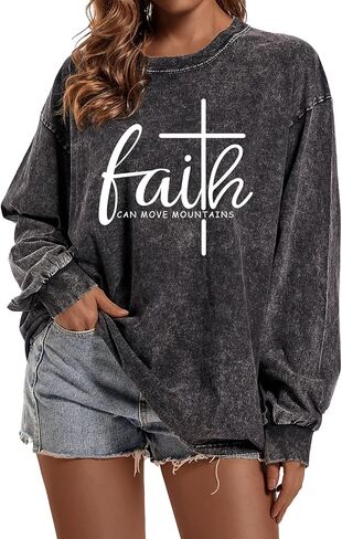 Christian Shirts for Women Faith Can Move Mountains Acid Wash Shirt Jesus Religious Bible Verse Long Sleeve Top in Saudi Arabia