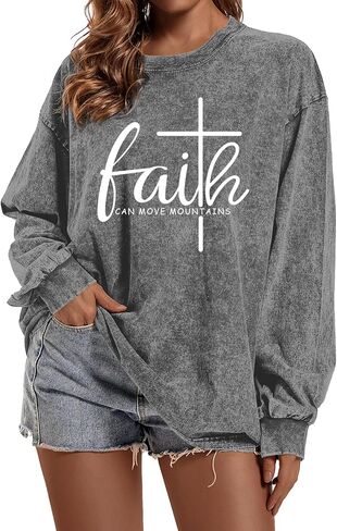 Christian Shirts for Women Faith Can Move Mountains Acid Wash Shirt Jesus Religious Bible Verse Long Sleeve Top in Saudi Arabia