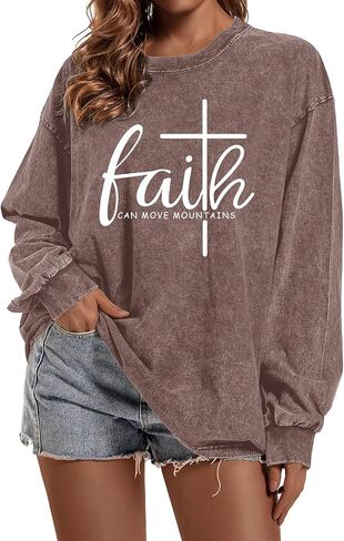 Christian Shirts for Women Faith Can Move Mountains Acid Wash Shirt Jesus Religious Bible Verse Long Sleeve Top in Saudi Arabia