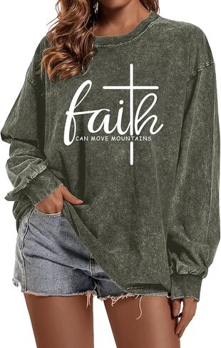 Christian Shirts for Women Faith Can Move Mountains Acid Wash Shirt Jesus Religious Bible Verse Long Sleeve Top in Saudi Arabia